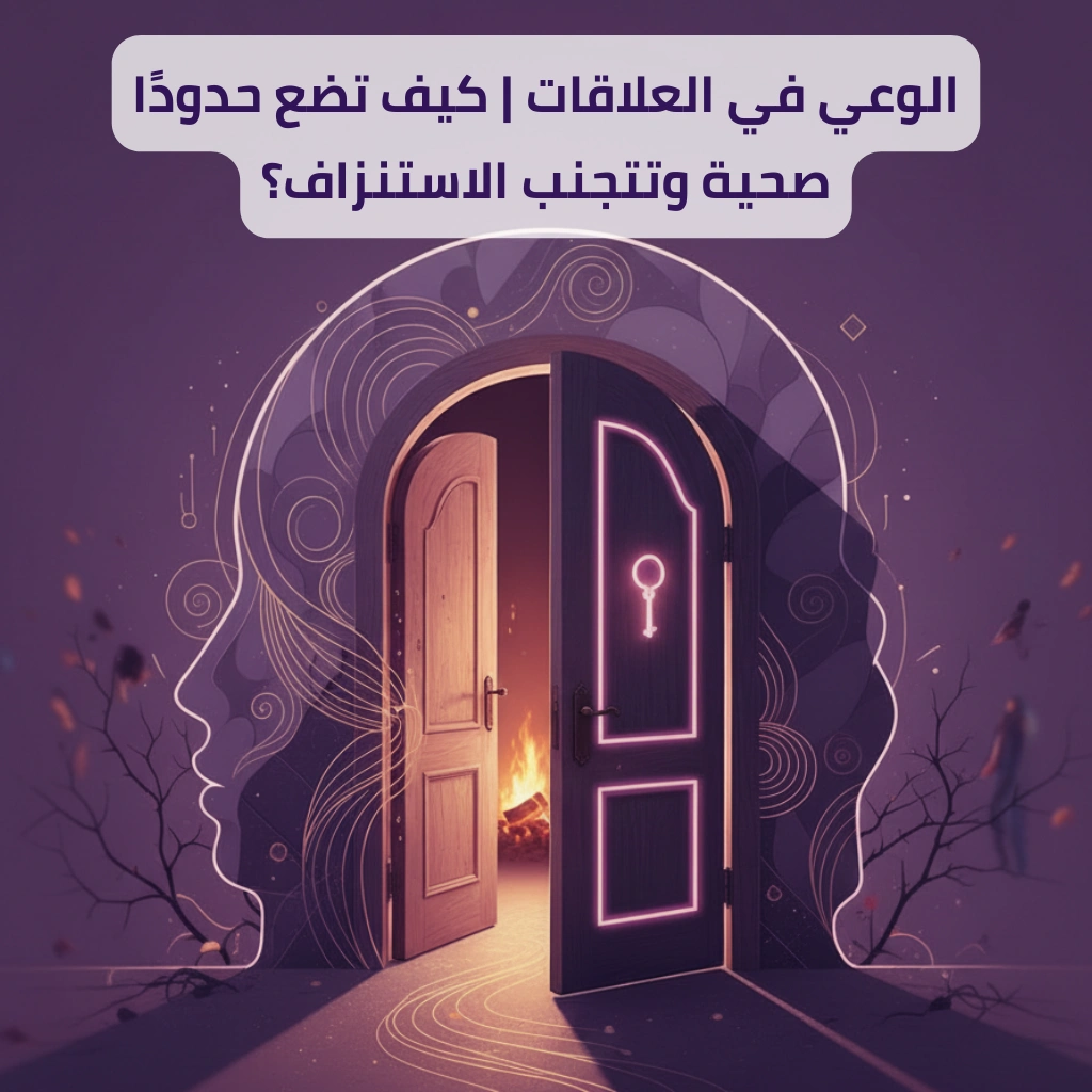 الوعي في العلاقات: صورة مفتاح وعي يُضيء باباً مفتوحاً داخل عقل يمثل وضع حدود صحية وتجنب الاستنزاف في العلاقات.