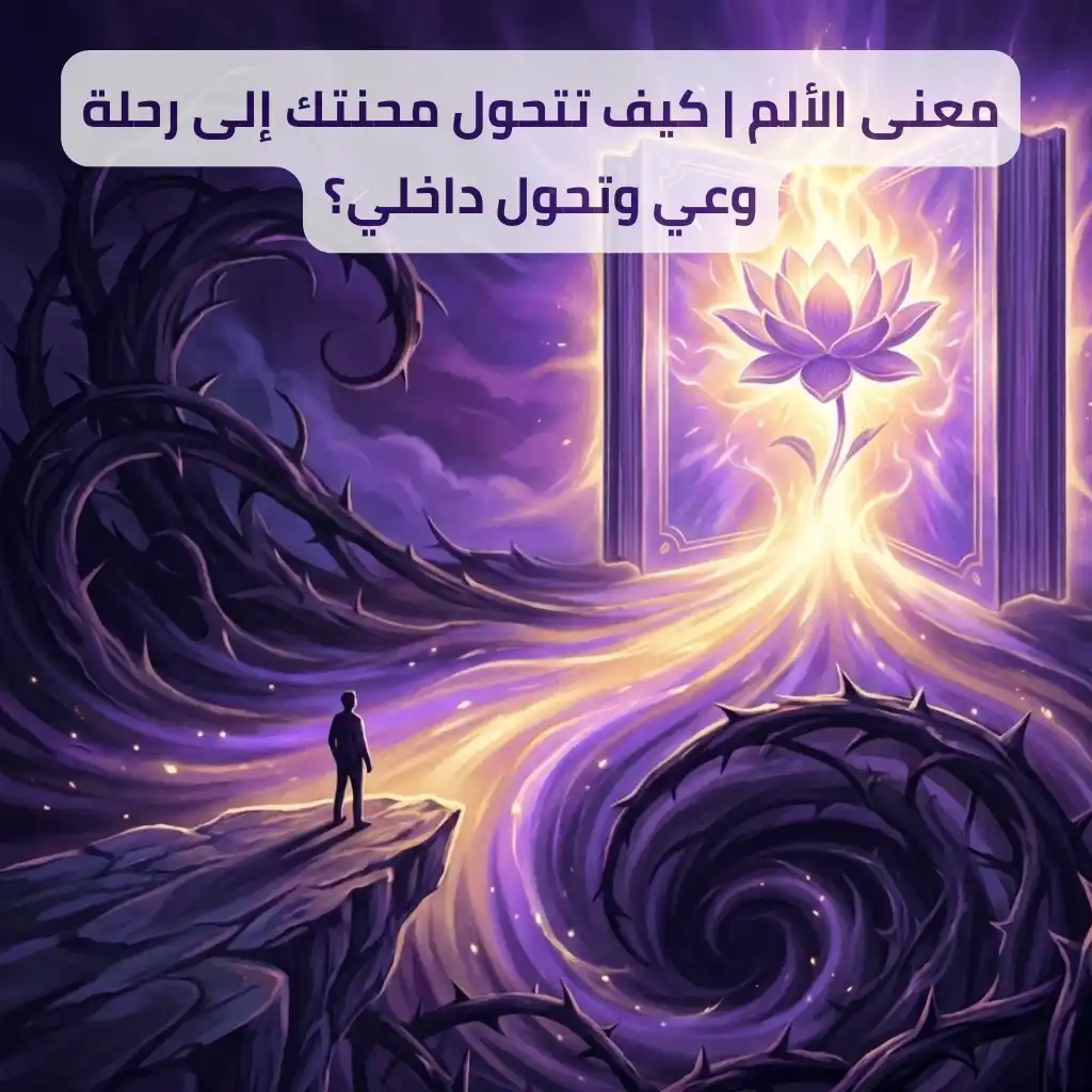 شخص يقف في ممر صخري مظلم يتجه نحو بوابة من النور الساطع على شكل زهرة لوتس، يرمز لتحول الألم إلى وعي.